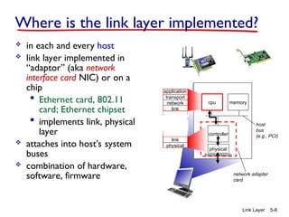 Link Layer 5-8
Where is the link layer implemented?
 in each and every host
 link layer implemented in
“adaptor” (aka network
interface card NIC) or on a
chip
 Ethernet card, 802.11
card; Ethernet chipset
 implements link, physical
layer
 attaches into host’s system
buses
 combination of hardware,
software, firmware
controller
physical
transmission
cpu memory
host
bus
(e.g., PCI)
network adapter
card
application
transport
network
link
link
physical
 