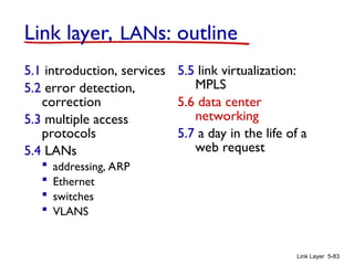 Link Layer 5-83
Link layer, LANs: outline
5.1 introduction, services
5.2 error detection,
correction
5.3 multiple access
protocols
5.4 LANs
 addressing, ARP
 Ethernet
 switches
 VLANS
5.5 link virtualization:
MPLS
5.6 data center
networking
5.7 a day in the life of a
web request
 