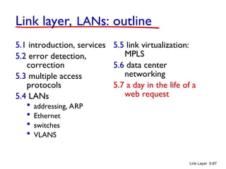 Link Layer 5-87
Link layer, LANs: outline
5.1 introduction, services
5.2 error detection,
correction
5.3 multiple access
protocols
5.4 LANs
 addressing, ARP
 Ethernet
 switches
 VLANS
5.5 link virtualization:
MPLS
5.6 data center
networking
5.7 a day in the life of a
web request
 