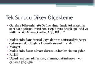 Tek Sunucu Dikey Öç𳾱
• Gereken bileşenler göz önüne alındığında tek sistemin
sorunsuz çalışabilmesi zor. Hepsi aynı bellek,cpu,hdd vs
kullanacak. Arama, Cache, App, DB … ?
• Makinenin donanımsal kaynaklarını arttırarak ve/veya
optimize ederek işlem kapasitesini arttırmak.
• Maliyet.
• Makinenin down olması durumunda tüm sistem gider.
• Riskli
• Uygulama bazında bakım, onarım, optimizasyon vb
çalışma güçlüğü.
 