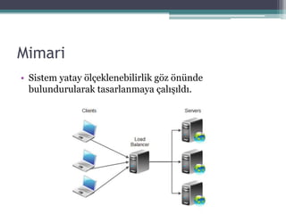 Mimari
• Sistem yatay ölçeklenebilirlik göz önünde
bulundurularak tasarlanmaya çalışıldı.
 