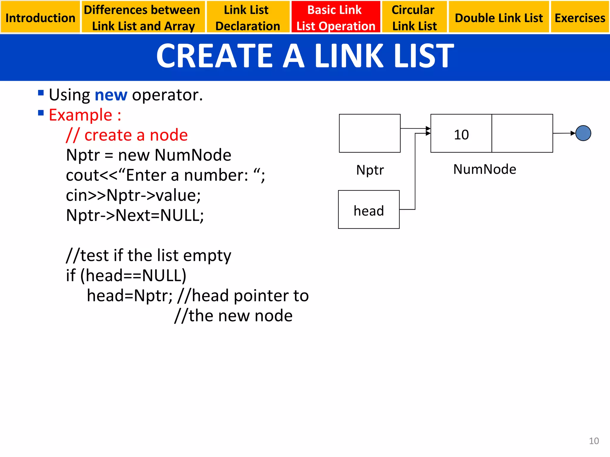 CREATE A LINK LIST Basic Link  List Operation Circular  Link List Using  new  operator. Example : // create a node Nptr = new NumNode cout<<“Enter a number: “; cin>>Nptr->value; Nptr->Next=NULL; //test if the list empty if (head==NULL) head=Nptr; //head pointer to  //the new node Nptr 10 NumNode head Introduction Link List  Declaration Double Link List Exercises Differences between  Link List and Array 