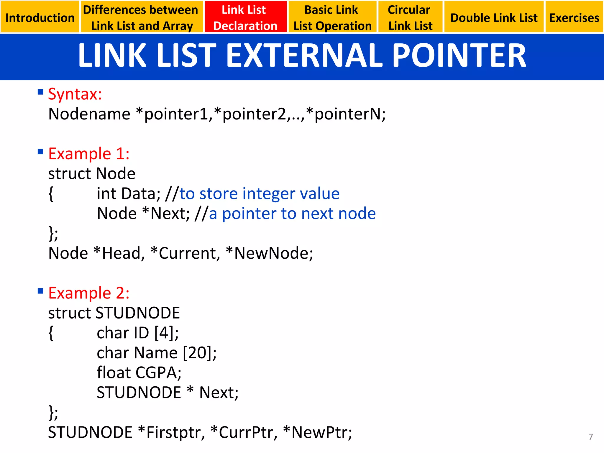LINK LIST EXTERNAL POINTER Basic Link  List Operation Circular  Link List Syntax: Nodename *pointer1,*pointer2,..,*pointerN; Example 1: struct Node { int Data; // to store integer value Node *Next; // a pointer to next node }; Node *Head, *Current, *NewNode; Example 2: struct STUDNODE { char ID [4]; char Name [20]; float CGPA; STUDNODE * Next; }; STUDNODE *Firstptr, *CurrPtr, *NewPtr; Introduction Link List  Declaration Double Link List Exercises Differences between  Link List and Array 