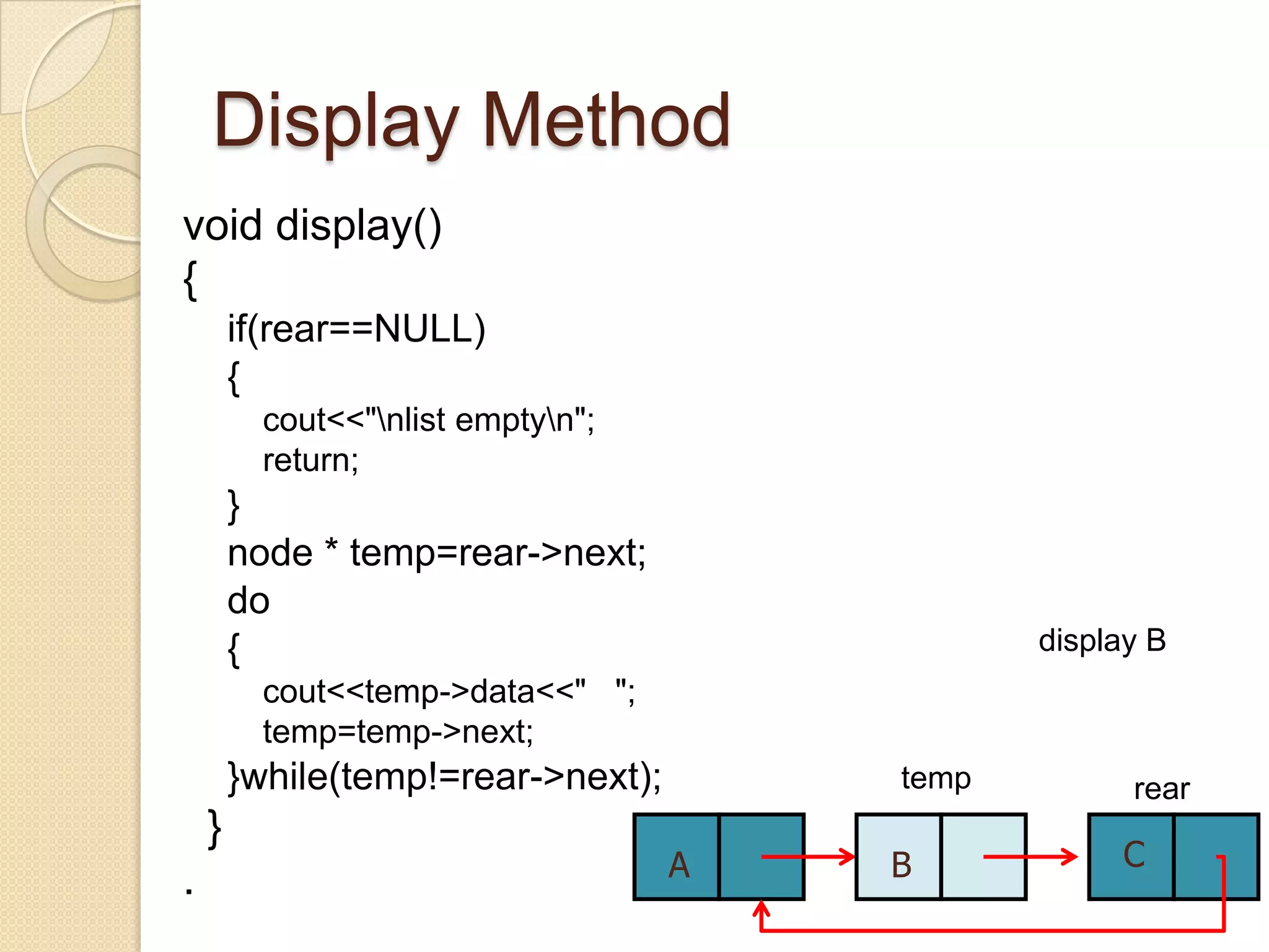 Display Method
void display()
{
        if(rear==NULL)
        {
          cout<<"nlist emptyn";
          return;
        }
        node * temp=rear->next;
        do
        {                                      display B
          cout<<temp->data<<" ";
          temp=temp->next;
        }while(temp!=rear->next);       temp         rear
    }
                                    A   B           C
.
 