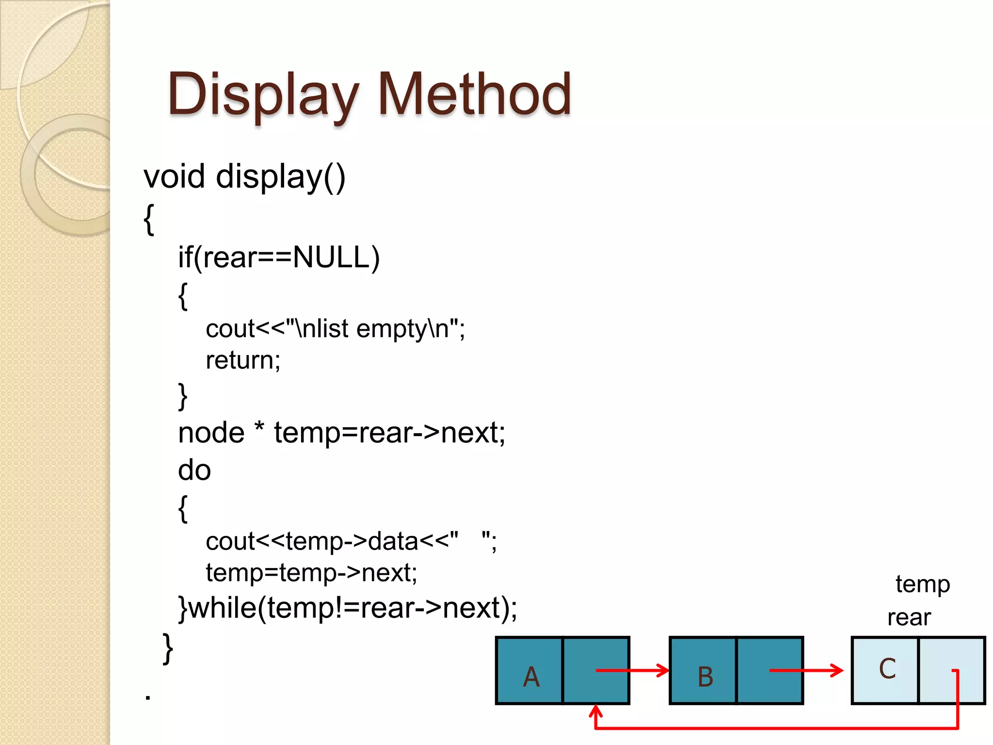 Display Method
void display()
{
        if(rear==NULL)
        {
          cout<<"nlist emptyn";
          return;
        }
        node * temp=rear->next;
        do
        {
          cout<<temp->data<<" ";
          temp=temp->next;                   temp
        }while(temp!=rear->next);           rear
    }
                                    A   B   C
.
 