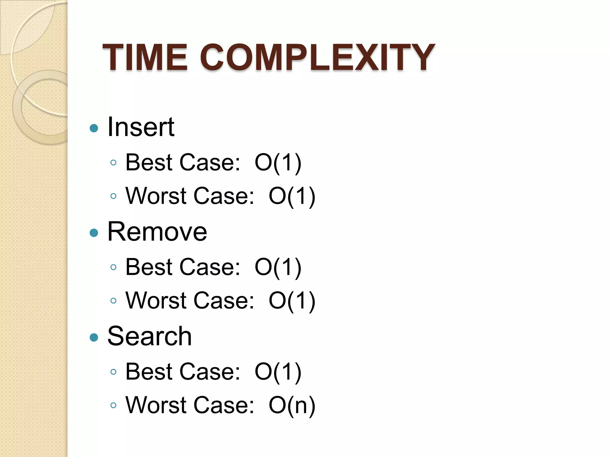TIME COMPLEXITY
   Insert
    ◦ Best Case: O(1)
    ◦ Worst Case: O(1)
   Remove
    ◦ Best Case: O(1)
    ◦ Worst Case: O(1)
   Search
    ◦ Best Case: O(1)
    ◦ Worst Case: O(n)
 