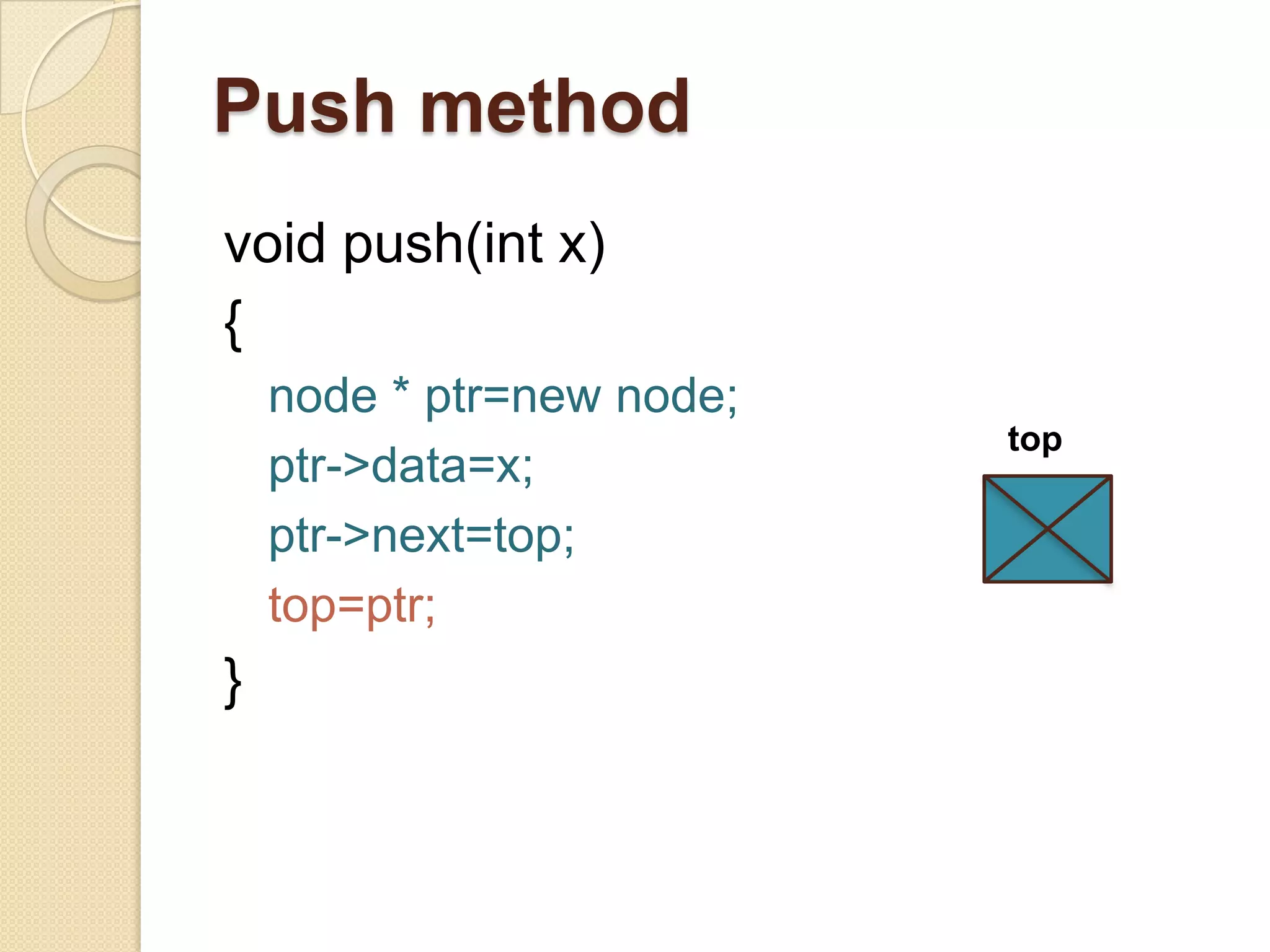 Push method
void push(int x)
{
    node * ptr=new node;
                           top
    ptr->data=x;
    ptr->next=top;
    top=ptr;
}
 