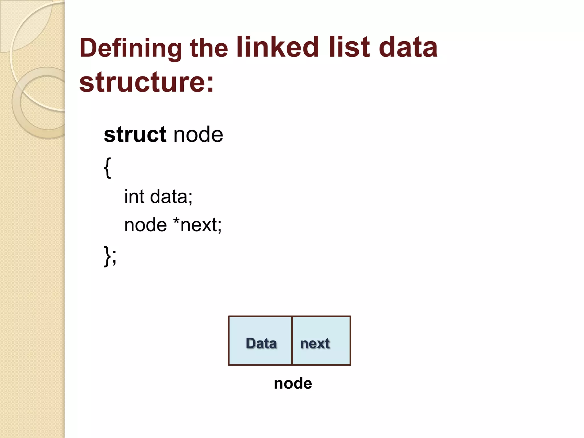 Defining the linked list data
structure:
 struct node
 {
      int data;
      node *next;
 };


                    Data   next

                       node
 