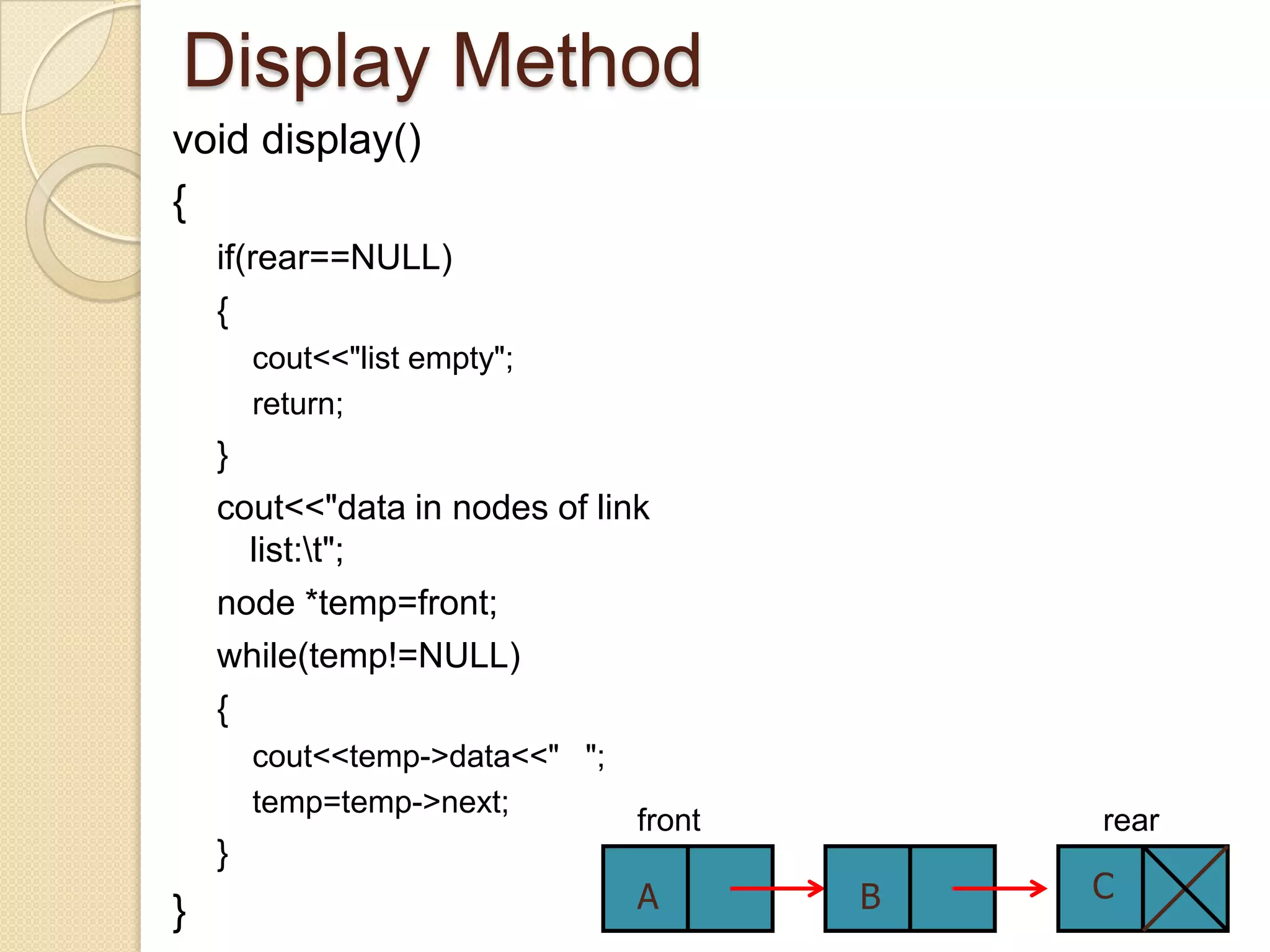 Display Method
void display()
{
    if(rear==NULL)
    {
        cout<<"list empty";
        return;
    }
    cout<<"data in nodes of link
      list:t";
    node *temp=front;
    while(temp!=NULL)
    {
        cout<<temp->data<<" ";
        temp=temp->next;
                                 front       rear
    }
                                 A       B   C
}
 