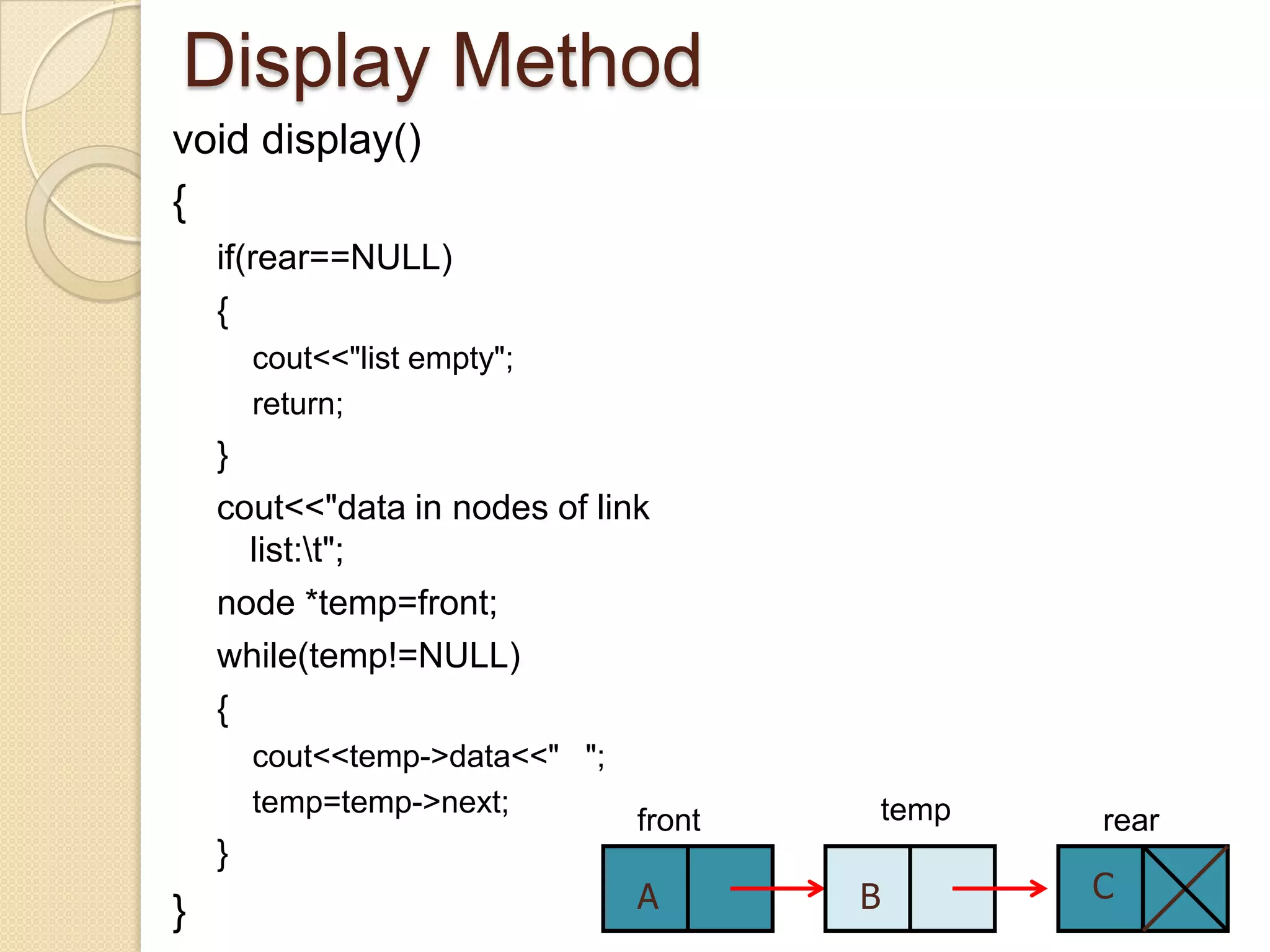 Display Method
void display()
{
    if(rear==NULL)
    {
        cout<<"list empty";
        return;
    }
    cout<<"data in nodes of link
      list:t";
    node *temp=front;
    while(temp!=NULL)
    {
        cout<<temp->data<<" ";
        temp=temp->next;                     temp
                                 front              rear
    }
                                 A       B          C
}
 