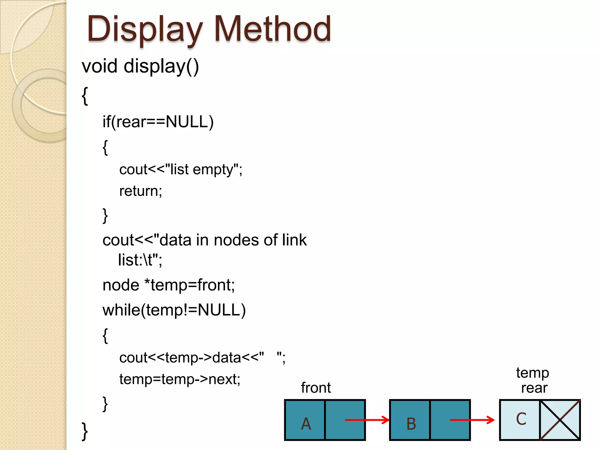 Display Method
void display()
{
    if(rear==NULL)
    {
        cout<<"list empty";
        return;
    }
    cout<<"data in nodes of link
      list:t";
    node *temp=front;
    while(temp!=NULL)
    {
        cout<<temp->data<<" ";
        temp=temp->next;                     temp
                                 front        rear
    }
                                 A       B   C
}
 