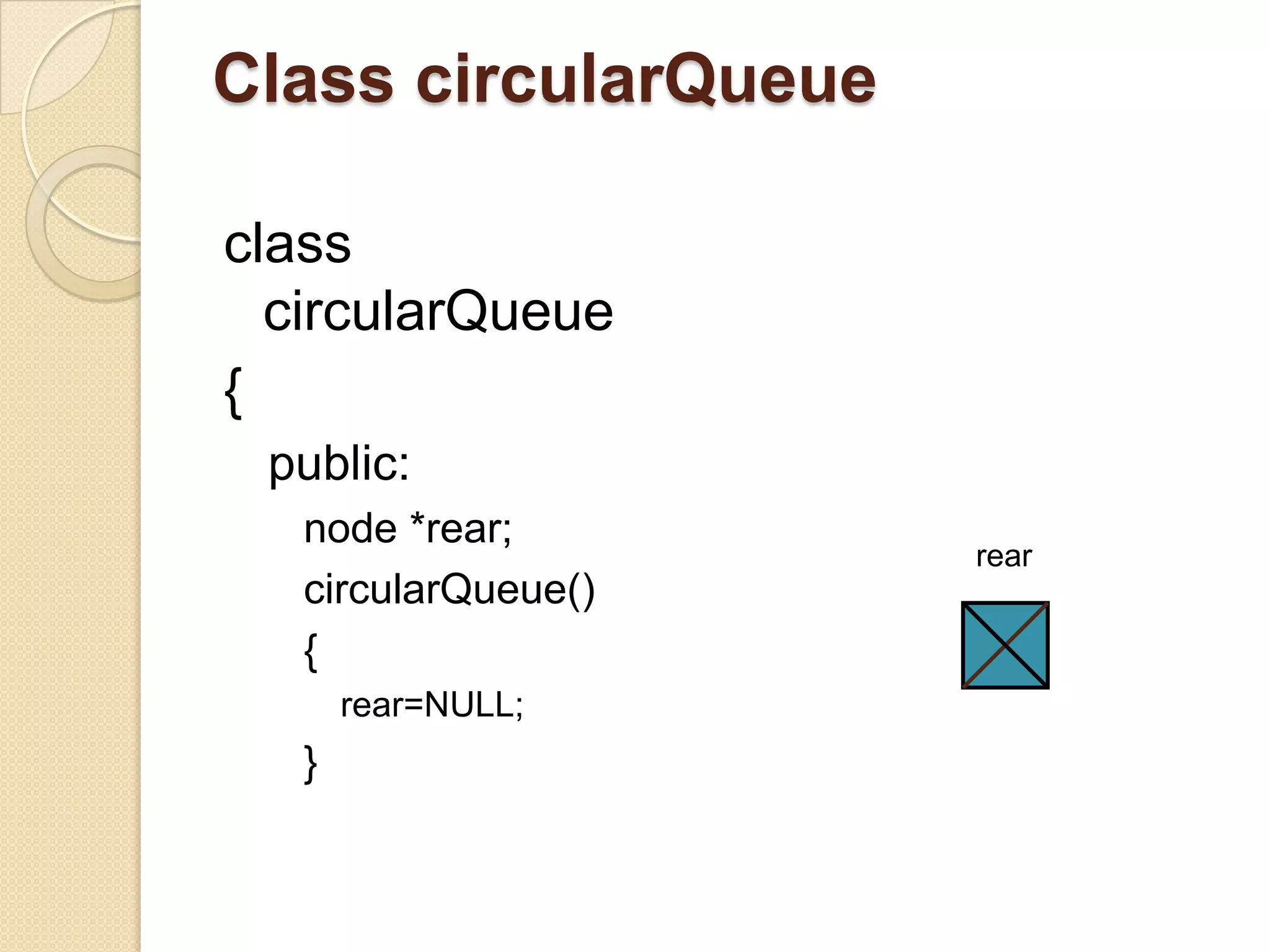 Class circularQueue

class
  circularQueue
{
 public:
   node *rear;
                      rear
   circularQueue()
   {
       rear=NULL;
   }
 