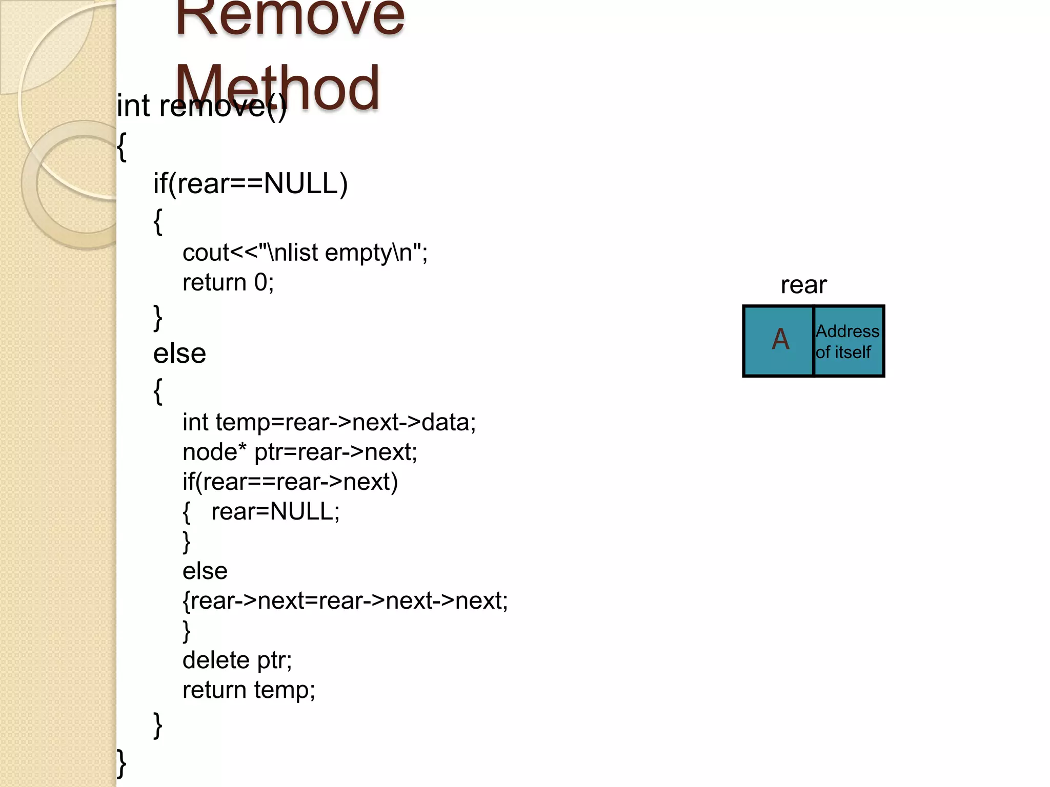 Remove
     Method
int remove()
{
    if(rear==NULL)
    {
        cout<<"nlist emptyn";
        return 0;                       rear
    }
    else                                A   Address
                                            of itself

    {
        int temp=rear->next->data;
        node* ptr=rear->next;
        if(rear==rear->next)
        { rear=NULL;
        }
        else
        {rear->next=rear->next->next;
        }
        delete ptr;
        return temp;
    }
}
 