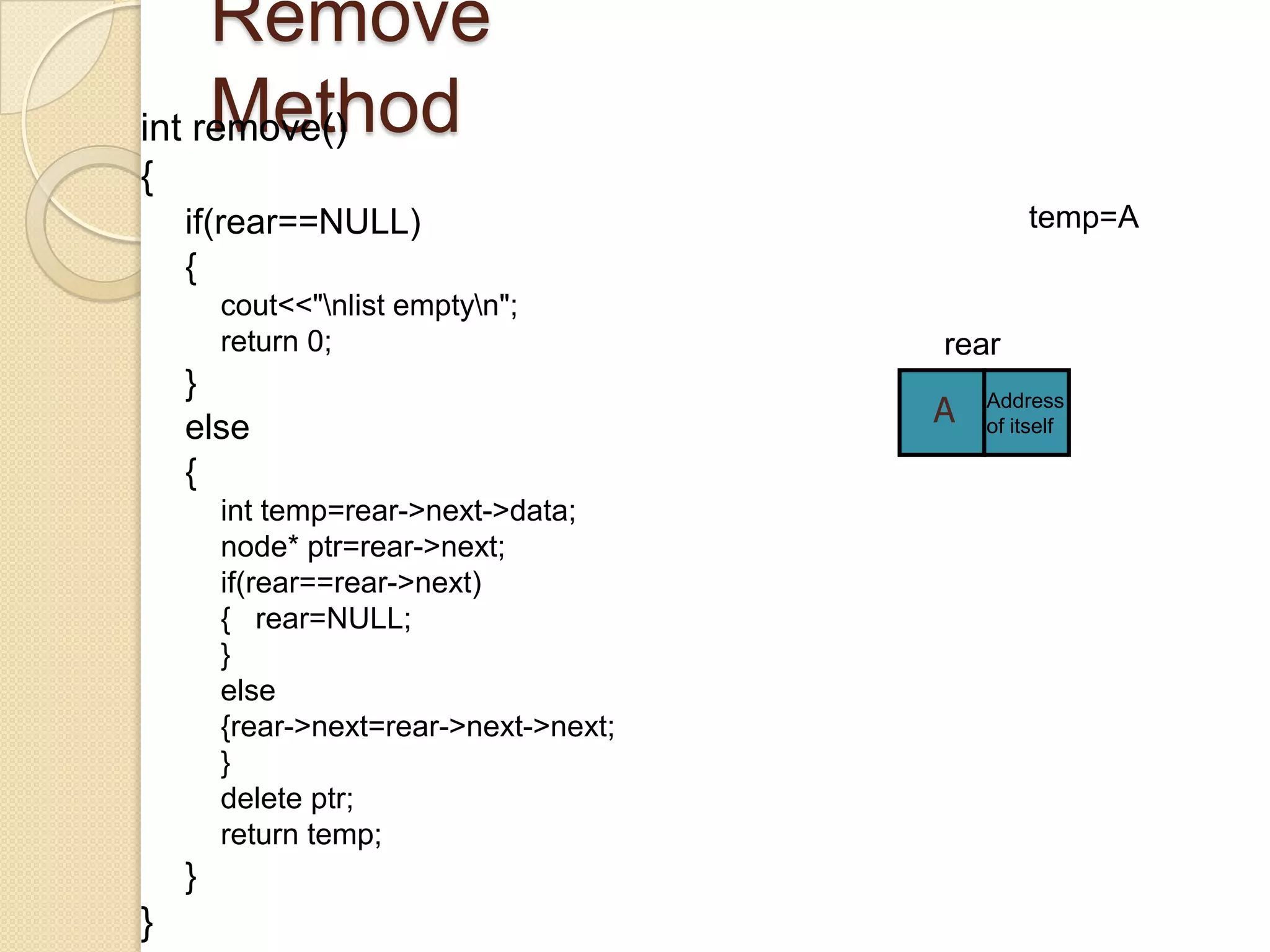 Remove
     Method
int remove()
{
    if(rear==NULL)                              temp=A
    {
        cout<<"nlist emptyn";
        return 0;                       rear
    }
    else                                A   Address
                                            of itself

    {
        int temp=rear->next->data;
        node* ptr=rear->next;
        if(rear==rear->next)
        { rear=NULL;
        }
        else
        {rear->next=rear->next->next;
        }
        delete ptr;
        return temp;
    }
}
 