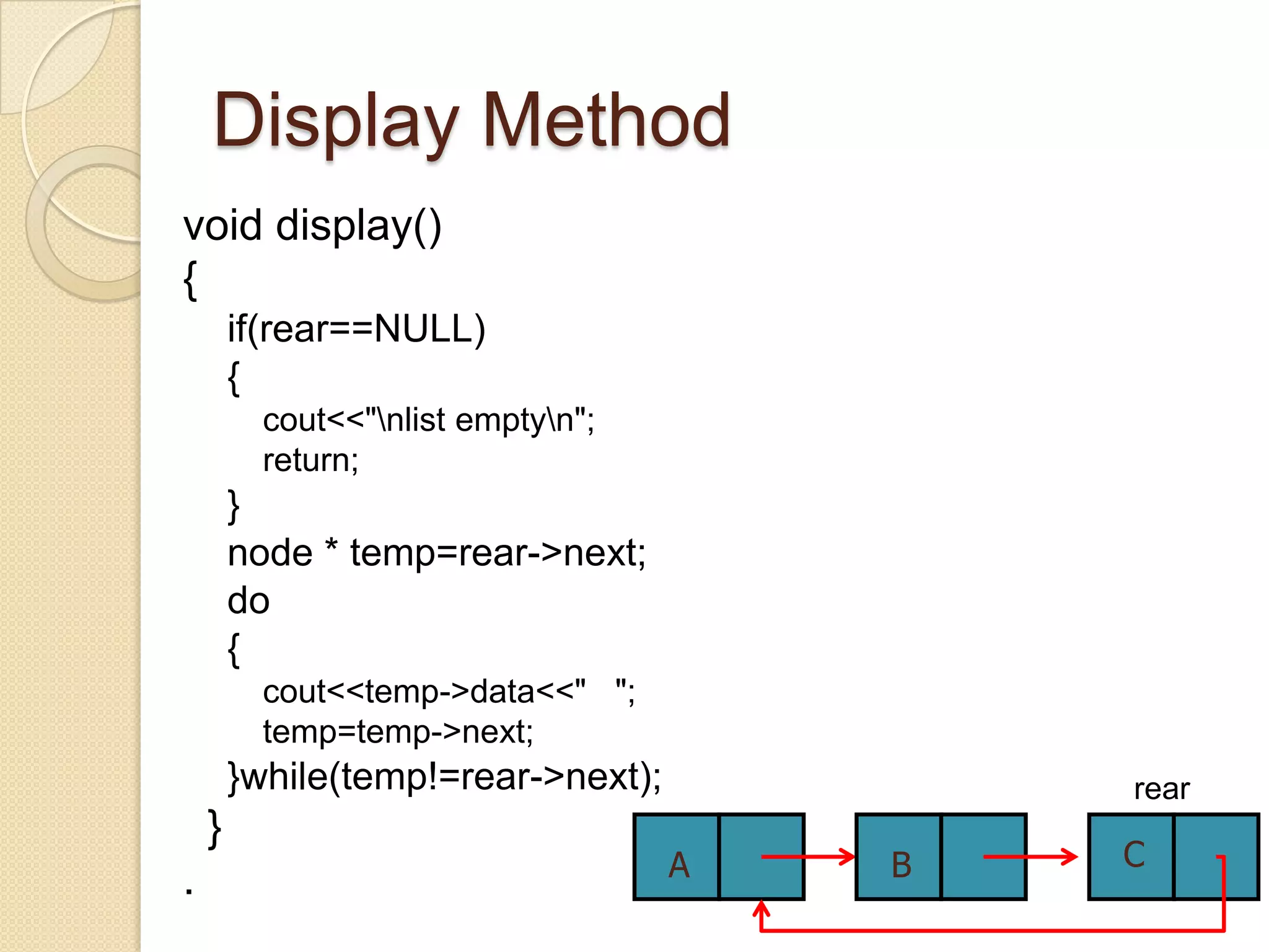 Display Method
void display()
{
        if(rear==NULL)
        {
          cout<<"nlist emptyn";
          return;
        }
        node * temp=rear->next;
        do
        {
          cout<<temp->data<<" ";
          temp=temp->next;
        }while(temp!=rear->next);           rear
    }
                                    A   B   C
.
 
