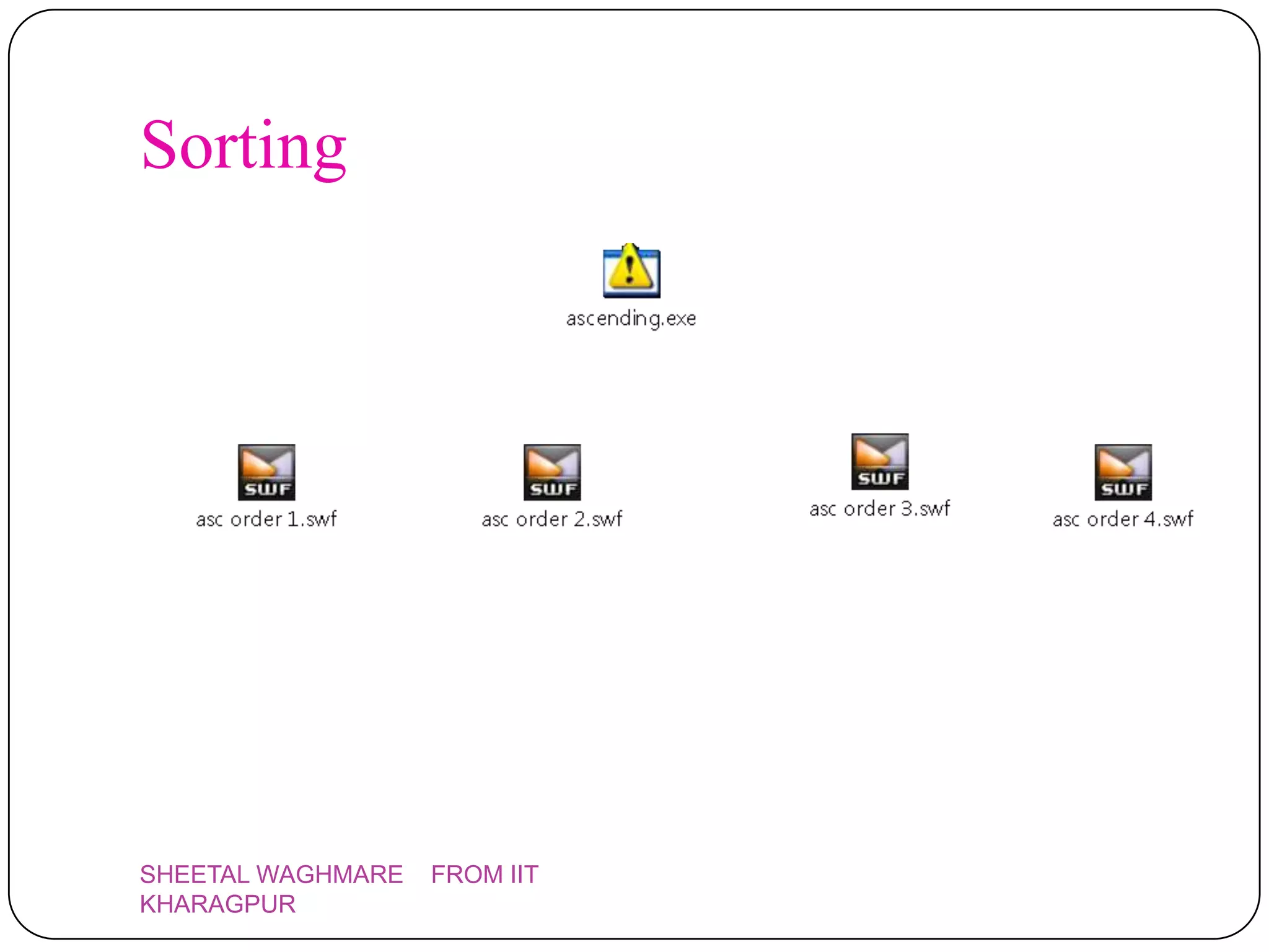 Sorting




SHEETAL WAGHMARE   FROM IIT
KHARAGPUR
 