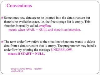 Conventions

 Sometimes new data are to be inserted into the data structure but
  there is no available space, i.e. the free storage list is empty. This
  situation is usually called overflow.
      means when AVAIL = NULL and there is an insertion.


 The term underflow refers to the situation where one wants to delete
  data from a data structure that is empty. The programmer may handle
  underflow by printing the message UNDERFLOW.
     means If START = NULL,



       SHEETAL WAGHMARE   FROM IIT
       KHARAGPUR
 