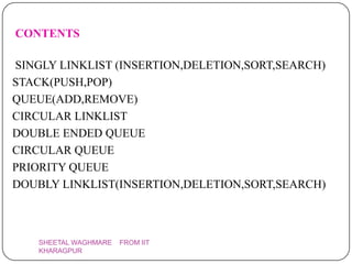 CONTENTS

SINGLY LINKLIST (INSERTION,DELETION,SORT,SEARCH)
STACK(PUSH,POP)
QUEUE(ADD,REMOVE)
CIRCULAR LINKLIST
DOUBLE ENDED QUEUE
CIRCULAR QUEUE
PRIORITY QUEUE
DOUBLY LINKLIST(INSERTION,DELETION,SORT,SEARCH)



    SHEETAL WAGHMARE   FROM IIT
    KHARAGPUR
 
