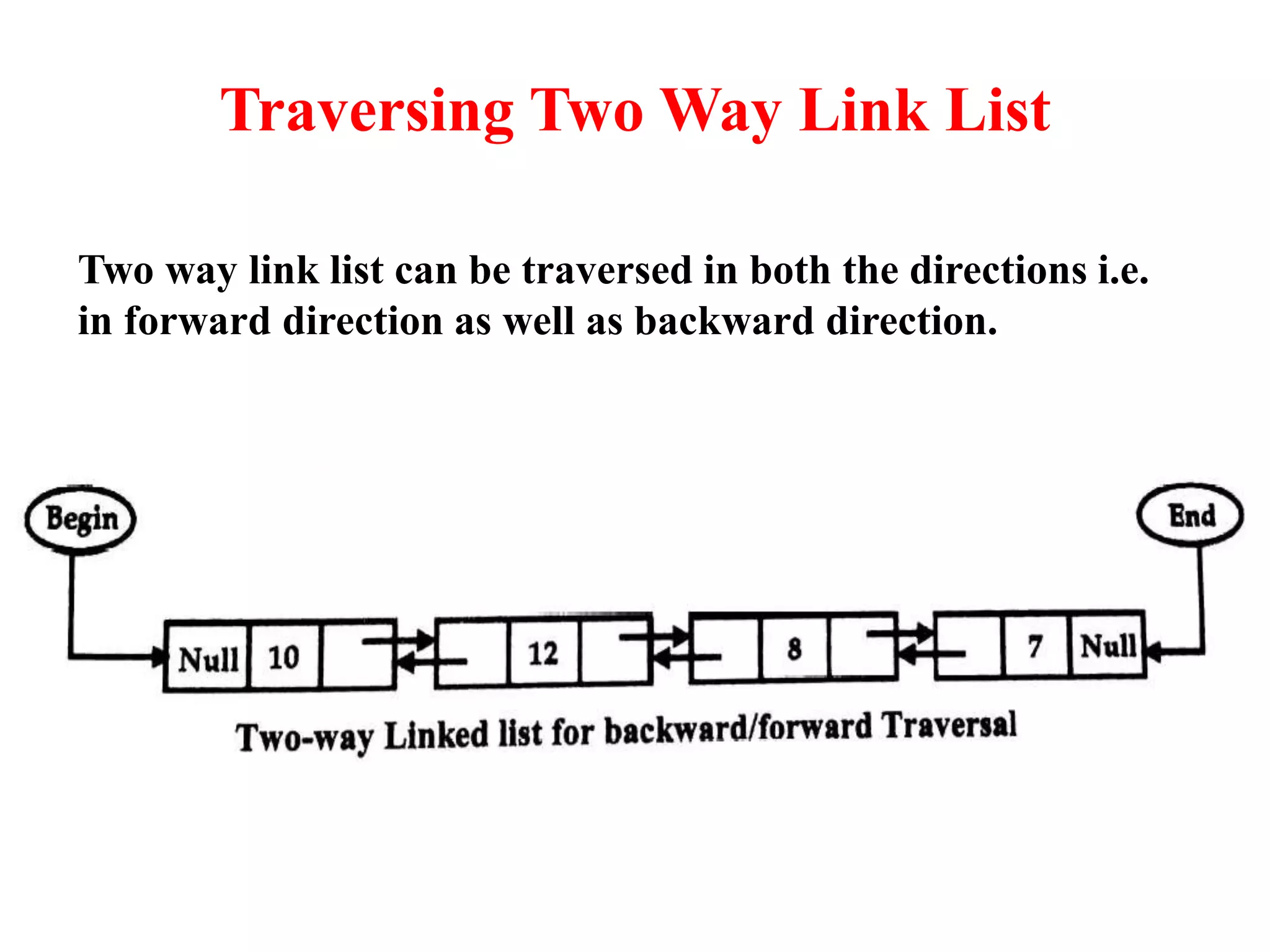Traversing Two Way Link List
Two way link list can be traversed in both the directions i.e.
in forward direction as well as backward direction.
 