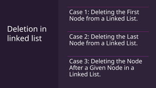 Deletion in
linked list
Case 1: Deleting the First
Node from a Linked List.
Case 2: Deleting the Last
Node from a Linked List.
Case 3: Deleting the Node
After a Given Node in a
Linked List.
 