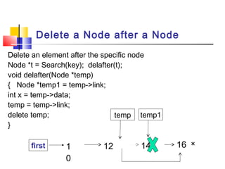 Delete a Node after a Node
Delete an element after the specific node
Node *t = Search(key); delafter(t);
void delafter(Node *temp)
{ Node *temp1 = temp->link;
int x = temp->data;
temp = temp->link;
delete temp;
}
1
0
12 14 ×first 16 ×
temp temp1
 