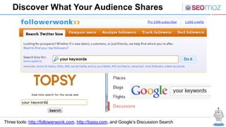 Discover What Your Audience Shares




Three tools: http://followerwonk.com, http://topsy.com, and Google’s Discussion Search
 