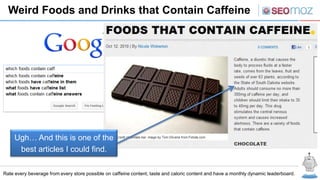 Weird Foods and Drinks that Contain Caffeine




     Ugh… And this is one of the
      best articles I could find.

Rate every beverage from every store possible on caffeine content, taste and caloric content and have a monthly dynamic leaderboard.
 
