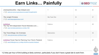 Earn Links… Painfully




1-2 links per hour of link building is fairly common, particularly if you don’t have a great site to work from.
 