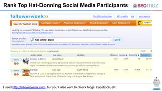 Rank Top Hat-Donning Social Media Participants




I used http://followerwonk.com, but you’ll also want to check blogs, Fa...