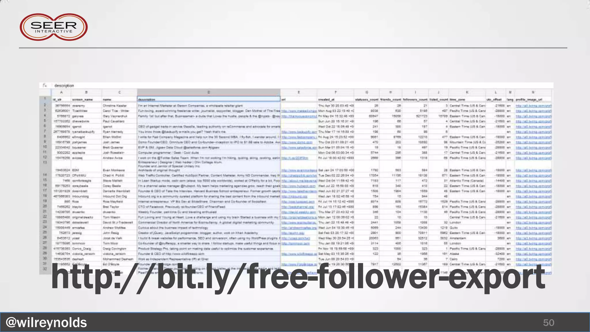 http://bit.ly/free-follower-export
@wilreynolds                           50
 