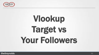 Vlookup
                 Target vs
               Your Followers
@wilreynolds                    92
 