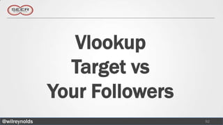 Vlookup
                 Target vs
               Your Followers
@wilreynolds                    92
 
