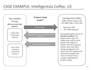 CASE EXAMPLE: Intelligentsia Coffee, US
Two Supplier
Groups
40% are small scale
farmers

Coops with
processing
capacity

“A direct trade
model“
Green coffee

Transparency contract and quality pricing
premium

On farm quality assessment

Farms with
individual
processing
capacity

Intelligentsia Coffee
Coffee roasting company with
own coffee shops in three cities
•
•

Started in 1995
30 m US$ sales/year

Buying philosophy is driven by
intrinsic quality. They
believes that to get such
coffees they need to work
closely with producers,
Farmers that don’t get paid
well for their work don’t
change management, and
those who don’t respect their
land and the people who
work on the farm face a
constant uphill battle to
produce quality.

109

 