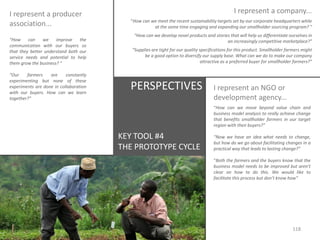 I represent a producer
association...
“How
can
we
improve
the
communication with our buyers so
that they better understand both our
service needs and potential to help
them grow the business? “
“Our
farmers
are
constantly
experimenting but none of these
experiments are done in collaboration
with our buyers. How can we learn
together?”

I represent a company...
“How can we meet the recent sustainability targets set by our corporate headquarters while
at the same time engaging and expanding our smallholder sourcing program? “
“How can we develop novel products and stories that will help us differentiate ourselves in
an increasingly competitive marketplace?”
“Supplies are tight for our quality specifications for this product. Smallholder farmers might
be a good option to diversify our supply base. What can we do to make our company
attractive as a preferred buyer for smallholder farmers?”

PERSPECTIVES

I represent an NGO or
development agency...
“How can we move beyond value chain and
business model analysis to really achieve change
that benefits smallholder farmers in our target
region with their buyers?”

KEY TOOL #4
THE PROTOTYPE CYCLE

“Now we have an idea what needs to change,
but how do we go about facilitating changes in a
practical way that leads to lasting change?”
“Both the farmers and the buyers know that the
business model needs to be improved but aren’t
clear on how to do this. We would like to
facilitate this process but don’t know how”

118

 