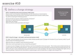 10
Define a change strategy
STEP 4: Translate the vision into you business model canvas
Based on your current business model (baseline), use the instructions on how to build an
business model canvas from Key tool # 2 and build a potential future business model canvas.
You will be answering the following questions:

Outline the strategy
of change on a
macro level.

How do we want our business model to look like in the future?
How does our improved business model function?
What blocks will change?
What key elements within each block will change?

BASELINE

VISION

STEP 5: Areas for change – Link today’s and tomorrow business model
The “gaps” that exist between the two business models indicate possible areas of change and innovation for your business model. You will
need to answer the following questions:
What key actions are needed to reach the desired outcome?
What actors need to participate and how should they participate?
First pick one area of change to start with and draw a line from the baseline to the vision poster. Then list key actions (milestones) that are
crucial in order to reach the desired outcome. For each crucial action name actors that will be involved and describe briefly what their role
will be. One actor can be involved with many actions but be sure to involve everybody. Then discuss the key challenges that might come up
along the pathway. Finally write the information on separate paper cards an locate them in a logical order along the line.

125

 