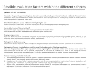 Possible evaluation factors within the different spheres
IN SMALL HOLDER LIVELIHOODS
How do the change strategy and resulting innovation pathways contribute to the generation of livelihoods, and how to these contributions
evolve? Are those who benefit from the market chain women or men? What population or income groups benefit the most or the least
from improvements in the market chain? Why?

Diversification of income sources and income stability during the year
How market chain activities affect the income diversity and security of the target population during the year?
Use of added income of the market chain?
How does the target population use added income generated by the market chain?
Who decides upon the use of the added income generated by the market chain?
Employment generation
How does the market chain contribute to temporary or permanent employment generation disaggregated by gender, ethnicity, or age.
Who from within the community gains most of these opportunities?
Participation in the local economy
How does the relative importance of the market chain change over time in relation to other economic activities in the local economy.
Participation of income from the business model in overall livelihood strategies of the target population
How does the percentage of the target population’s income originating from the activities related to the business model evolve? This
measurement can include the sale of products, employment, or reduction of purchases as a result of the strategy to increase
competiveness. While income gains are positive, it is critical to avoid over dependence on any one activity or business model.
Notes on evaluating small holder livelihoods:
1. This highly simplified list should always be applied in a gender differentiated fashion to account for diverse impacts in women and men.
In some cases, it may also make sense to differentiate by ethnicity or age.
2. Many far more formal and robust evaluation approaches exist. If resources are available to implement and make use of date from such
approaches, this initial list can be greatly expanded. See for example http://www.thecosa.org/
3. In some cases, the above list might be complemented or even replaces by tools such as the Pathway Out of Poverty IndexTM (PPITM)
developed by the Grameen Foundation (http://progressoutofpoverty.org/)

142

 