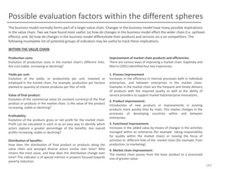 Possible evaluation factors within the different spheres
The business model normally forms part of a larger value chain. Changes in the business model have many possible implications
in the value chain. Two we have found most useful: (a) how do changes in the business model effect the wider chain (i.e. spillover
effects); and, (b) how do changes in the business model differentiate their products and services vis a vis competitors. The
following incomplete list of potential groups of indicators may be useful to track these implications.
WITHIN THE VALUE CHAIN
Production costs:
Evolution of production costs in the market chain’s different links.
Are cost stable, increasing or declining?

Improvement of market chain products and efficiencies:
There are various ways of improving a market chain. Kaplinsky and
Morris (2001) identified four key trajectories.

Yields per unit:
Evolution of the yields, or productivity per unit, invested or
employed in the market chain. For example, production per hectare
planted or quantity of cheese produces per liter of milk.

1. Process improvement
Increases in the efficiency in internal processes both in individual
enterprises, and between enterprises in the market chain.
Examples in the market chain are the frequent and timely delivery
of products with the required quality as well as the ability of
service providers to support market led/enterprise innovations.

Value of final product:
Evolution of the commercial value (in constant currency) of the final
product or products in the market chain. Is the value of the product
increasing, stable or declining?
Profitability:
Evolution of the products gross or net profit for the market chain.
Profit can be calculated in each in as an easy way to identify which
actors capture a greater percentage of the benefits. Are overall
profits increasing, stable or declining?
Distribution of benefits:
How does the distribution of final product or products along the
value chain and amongst diverse actors evolve over time? Who
retains the most value, and how does this distribution change over
time? This indicator is of special interest in projects focused towards
poverty reduction.

2. Product improvement:
Introduction of new products or improvements in existing
products more quickly than by rivals. This implies changes in the
processes of developing countries within and between
enterprises.

3. Functional improvement:
Increases in the added value by means of changes in the activities
managed within an enterprise (for example taking responsibility
for quality within the market chain) or moving the focus of
activities to different links of the market chain (for example, from
production, to marketing)
4. Market chain improvement:
The market chain passes from the basic product to a processed
one of greater value.

143

 
