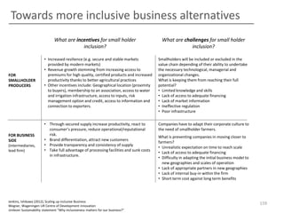 Towards more inclusive business alternatives
What are incentives for small holder
inclusion?

FOR
SMALLHOLDER
PRODUCERS

FOR BUSINESS
SIDE
(intermediaries,
lead firm)

What are challenges for small holder
inclusion?

• Increased resilience (e.g. secure and stable markets
provided by modern markets)
• Revenue growth stemming from increasing access to
premiums for high quality, certified products and increased
productivity thanks to better agricultural practices
• Other incentives include: Geographical location (proximity
to buyers), membership to an association, access to water
and irrigation infrastructure, access to inputs, risk
management option and credit, access to information and
connection to exporters.

Smallholders will be included or excluded in the
value chain depending of their ability to undertake
the necessary technological, managerial and
organizational changes.
What is keeping them from reaching their full
potential?
• Limited knowledge and skills
• Lack of access to adequate financing
• Lack of market information
• Ineffective regulation
• Poor infrastructure

• Through secured supply increase productivity, react to
consumer’s pressure, reduce operational/reputational
risk.
• Brand differentiation, attract new customers
• Provide transparency and consistency of supply
• Take full advantage of processing facilities and sunk costs
in infrastructure.

Companies have to adapt their corporate culture to
the need of smallholder farmers.

Jenkins, Ishikawa (2012), Scaling up inclusive Business
Wegner, Wageningen UR Centre of Development innovation
Unilever Sustainability statement “Why inclusiveness matters for our business?”

What is preventing companies in moving closer to
farmers?
• Unrealistic expectation on time to reach scale
• Lack of access to adequate financing
• Difficulty in adapting the initial business model to
new geographies and scales of operation
• Lack of appropriate partners in new geographies
• Lack of internal buy-in within the firm
• Short term cost against long term benefits

159

 