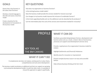 GOALS

KEY QUESTIONS

Assess how a key business in
the value chain functions

How does my organization or business function?

Develop a shared language to
describe and assess a business
model

Does the business model provide the services needed for inclusive sourcing?

Create a baseline for the
development of innovations in
the business model

Can the intermediary bear the costs of the services and investments needed for inclusivity?

Is the existing business model viable?
Can changes to my business model improve the inclusion of smallholder farmers?
Is farm level upgrading feasible and can the additional costs be absorbed by the producers?

PROFILE

WHAT IT CAN DO
Facilitate a grounded dialog between farmers, development and
business actors and, as a result, a clearer idea on how business
processes can support social development and vice versa

KEY TOOL #2
THE BM CANVAS

Provide a rapid picture of an organization‘s business model for
analysis
Highlight bottlenecks and (financial) imbalances
Identify areas for innovation or improvement

WHAT IT CAN‘T DO
It complements, but does not replace, existing work on value chains,
competitiveness and sub-sector development.
The business model constitutes an additional tool that can support our growing
rural enterprise development toolkit. As with the other tools, it is possible to
misuse this approach or apply it superficially.

Present complex business issues in an easy and accessible
fashion
Help enhance business thinking at the farm level

38

 