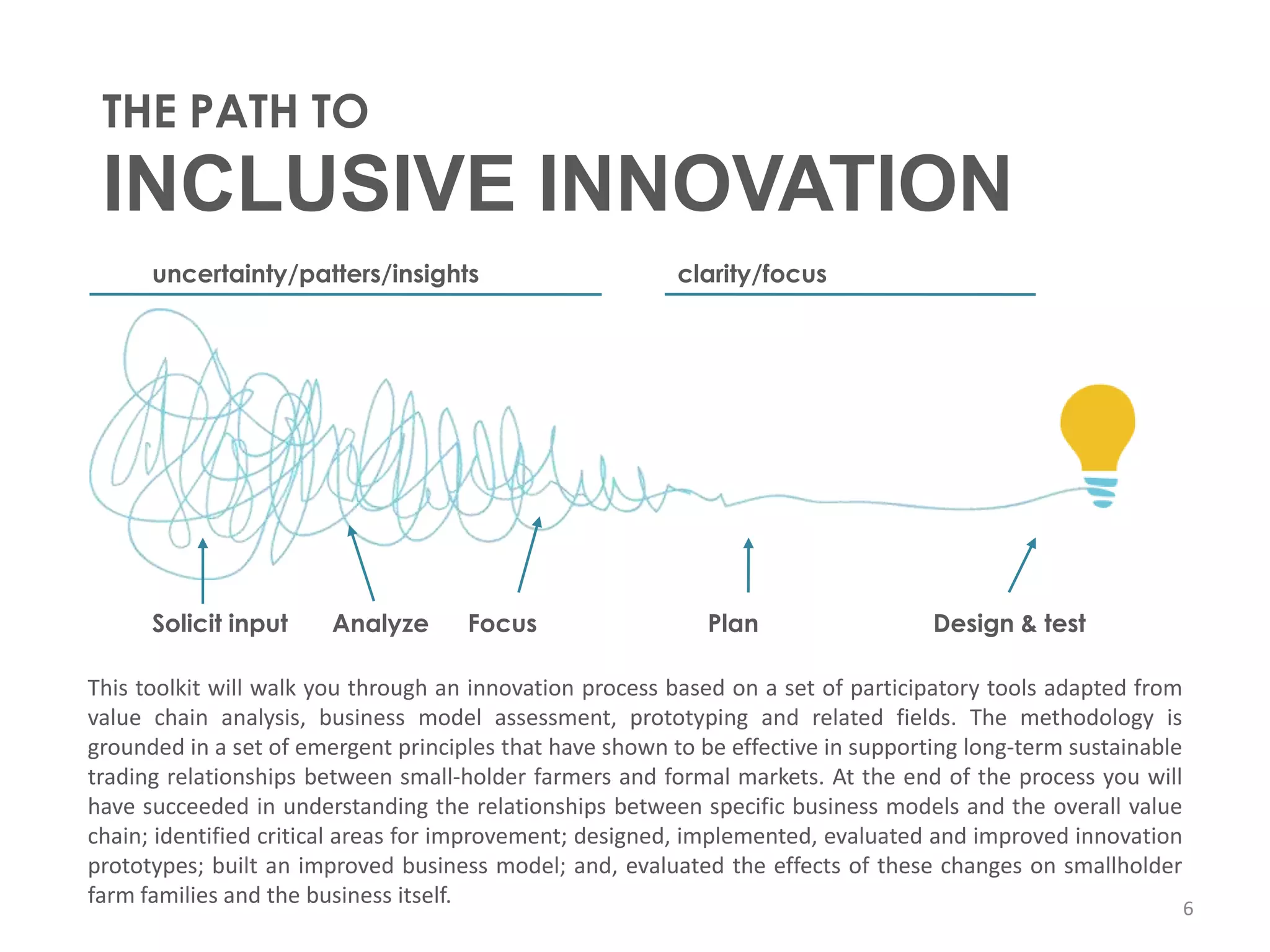 THE PATH TO
 INCLUSIVE INNOVATION
      uncertainty/patters/insights                        clarity/focus




      Solicit input     Analyze      Focus                   Plan                   Design & test

This toolkit will walk you through an innovation process based on a set of participatory tools adapted from
value chain analysis, business model assessment, prototyping and related fields. The methodology is
grounded in a set of emergent principles that have shown to be effective in supporting long-term sustainable
trading relationships between small-holder farmers and formal markets. At the end of the process you will
have succeeded in understanding the relationships between specific business models and the overall value
chain; identified critical areas for improvement; designed, implemented, evaluated and improved innovation
prototypes; built an improved business model; and, evaluated the effects of these changes on smallholder
farm families and the business itself.                                                                       6
 