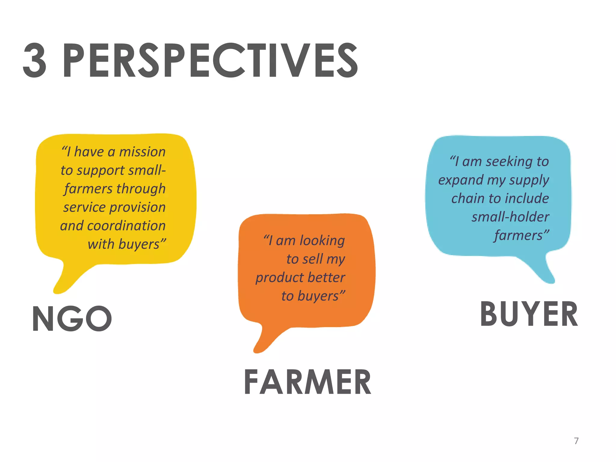 3 PERSPECTIVES
 “I have a mission
                                          “I am seeking to
 to support small-
                                         expand my supply
  farmers through
                                           chain to include
  service provision
                                              small-holder
 and coordination
                       “I am looking              farmers”
      with buyers”
                            to sell my
                      product better
                           to buyers”
NGO                                            BUYER
                      FARMER
                                                              7
 