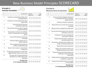 New Business Model Principles SCORECARD
Principle 5 :                                                                      Principle 6:
Inclusive Innovation                                                               Measurements of outcomes
 #                                     Scoring criteria   Does not         Fully     #                                         Scoring criteria   Does not         Fully
                                                          apply at all   applies                                                                  apply at all   applies

     1    Innovation is promoted by multiple actors                                      1       Formal and informal feedback mechanisms
                               including producers                                                   are established within and in-between
                                                                                                                          (groups of) actors
     2   Innovations are clearly aligned with market
                                       opportunities                                     2               Decisions are based on assessment
     3               Continued product and process                                       3    Measurements are as simple and cost-neutral
                           improvement takes place                                                                            as possible
     4   The value chain actors are able to responds                                     4   Measurements are designed and tested jointly
                               to market tendencies

     5     The perspective and needs of smallholder                                      5   The end user and the purpose of the measured
            farmers is incorporated in the innovation                                                             information is clear to all
                                              process                                    6          Participants have a role in guiding what
     6         Farmers led innovation processes are                                                                 information is collected
                                        encouraged                                       7         The generated information is shared and
     7        Innovation happens regularly and in a                                                              discussed along the chain
                               systemic approach                                         8    Key economic and performance indicators are
     8         Plans to upgrade product quality and                                                     known and shared along the chain
                      quantity are developed jointly                                     9               Measurements lead to rapid action
     9     Returns from innovation are shared fairly
                                                                                     10              Regular and consistent evaluation and
                                     among actors
                                                                                                       feedback processes are set in place
 10      Development interventions are rather done
                                                                                     11        Tailored indicators and monitoring plans are
            with smallholder farmers, than for them
                                                                                                           established to assess the trading
 11           The value chain is characterized by the                                                                          relationships
              development of a differentiated value
                                                                                     12       Market trends and market position are jointly
                                         proposition
                                                                                                               reviewed on a regular base
                                    Average Score
                                                                                     13       Social and environmental factors are included
                      P. # 5: Inclusive innovation                                                                        in the evaluation

                                                                                                                        Average Score
                                                                                                      P. # 6: Measurement of outcomes
 
