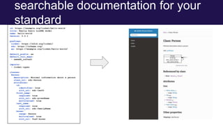 searchable documentation for your
standard
id: https://example.org/linkml/hello-world
title: Really basic LinkML model
name: hello-world
version: 0.0.1
prefixes:
linkml: https://w3id.org/linkml/
sdo: https://schema.org/
ex: https://example.org/linkml/hello-world/
default_prefix: ex
default_curi_maps:
- semweb_context
imports:
- linkml:types
classes:
Person:
description: Minimal information about a person
class_uri: sdo:Person
attributes:
id:
identifier: true
slot_uri: sdo:taxID
first_name:
required: true
slot_uri: sdo:givenName
multivalued: true
last_name:
required: true
slot_uri: sdo:familyName
knows:
range: Person
multivalued: true
slot_uri: foaf:knows
 
