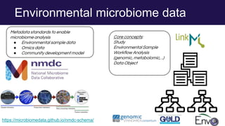 Environmental microbiome data
https://microbiomedata.github.io/nmdc-schema/
Metadata standards to enable
microbiome analysis
● Environmental sample data
● Omics data
● Community development model
Core concepts:
Study
Environmental Sample
Workflow Analysis
(genomic, metabolomic, ..)
Data Object
 