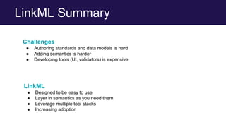 LinkML Summary
Challenges
● Authoring standards and data models is hard
● Adding semantics is harder
● Developing tools (UI, validators) is expensive
LinkML
● Designed to be easy to use
● Layer in semantics as you need them
● Leverage multiple tool stacks
● Increasing adoption
 