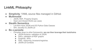 LinkML Philosophy
● Simplicity: YAML source files managed in GitHub
● Multimodal
○ JSON, RDF, Property Graphs
○ Open and Closed World use cases
● Stealth Semantics
○ Let them have JSON and OO Python Data Classes
○ Shh, secretly it’s JSON-LD
● Be a parasite
○ Compiles down to other frameworks; we can then leverage their toolchains
■ JSON-Schema: validation of JSON
■ ShEx: validation of RDF graphs
■ GraphQL: APIs
■ OWL: reasoning, browsers/registries
■ JSON-LD Contexts
11
 
