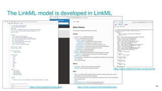 The LinkML model is developed in LinkML
https://w3id.org/linkml/meta.yaml https://w3id.org/linkml/SchemaDefinition
https://w3id.org/linkml/meta.context.jsonld
46
 