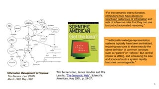“For the semantic web to function,
computers must have access to
structured collections of information and
sets of inference rules that they can use
to conduct automated reasoning.”
“Traditional knowledge-representation
systems typically have been centralized,
requiring everyone to share exactly the
same definition of common concepts
such as "parent" or "vehicle." But central
control is stifling, and increasing the size
and scope of such a system rapidly
becomes unmanageable.”
5
 