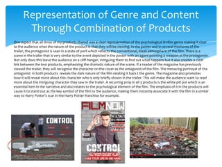 Representation of Genre and Content
Through Combination of Products
One aspect that all three of my products shared was a clear representation of the psychological thriller genre making it clear
to the audience what the nature of the product is that they will be viewing. In the poster and in several moments of the
trailer, the protagonist is seen in a state of peril which reflects the conventional, bleak atmosphere of the film. There is a
scene in the trailer that is very similar to the event depicted in the poster with an agent pointing a weapon at the protagonist.
Not only does this leave the audience on a cliff-hanger, intriguing them to find out what happens but it also creates a clear
link between the two products, emphasising the dramatic nature of the scene. If a reader of the magazine has previously
viewed the trailer, they will recognise the character on the cover as the antagonist of the film. The menacing portrayal of the
antagonist in both products reveals the dark nature of the film relating it back t the genre. The magazine also promotes
how it will reveal more about this character who is only briefly shown in the trailer. This will make the audience want to read
more about the intriguing character they saw in the trailer. A recurring prop in all 3 products is the white pill pot which is an
essential item in the narrative and also relates to the psychological element of the film. The emphasis of it in the products will
cause it to stand out as the key symbol of the film to the audience, making them instantly associate it with the film in a similar
way to Harry Potter’s scar in the Harry Potter franchise for example.

 