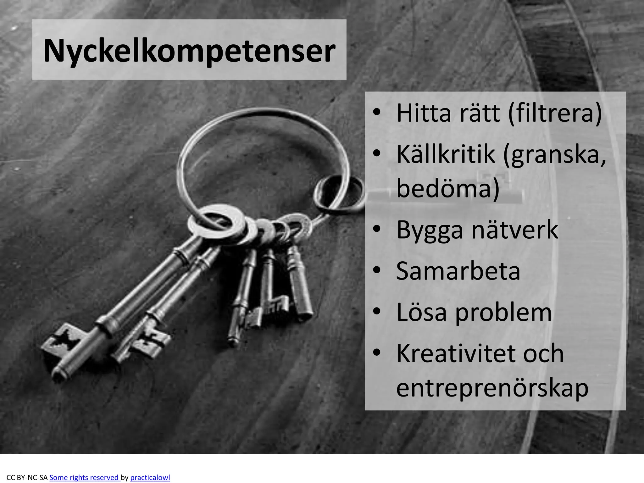Nyckelkompetenser 
• Hitta rätt (filtrera) 
• Källkritik (granska, 
bedöma) 
• Bygga nätverk 
• Samarbeta 
• Lösa problem 
• Kreativitet och 
entreprenörskap 
CC BY-NC-SA Some rights reserved by practicalowl 
 
